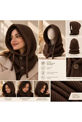 Didoria Accessory Kadın Kapüşonlu Düğmeli Örgü Boyunluk Balaklava Kışlık Başlık - Kahverengi