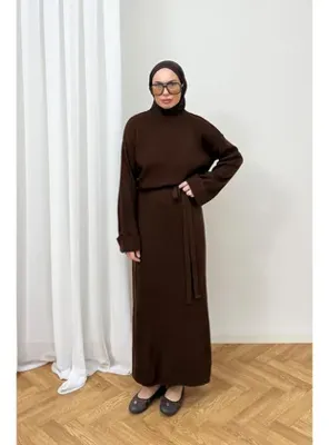 Melike Tatar Triko Elbise 80-8419 KAHVERENGİ