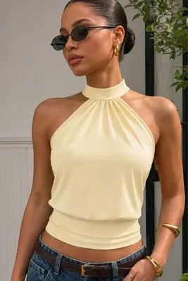 World Fashion Trends Bele Oturan Bağcıklı Esnek Crop top bluz TEREYAĞ SARISI