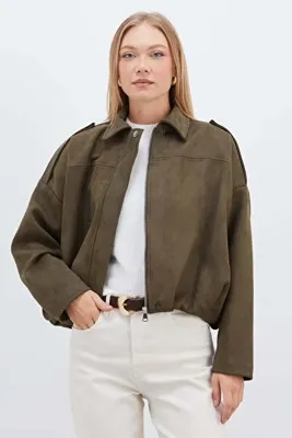 Fulla Moda Fermuarlı Polo Yaka Süet Bomber Ceket