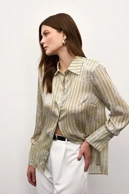 Sateen Geniş Manşetli Gömlek - Sarı