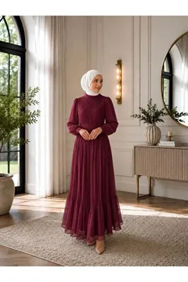 CYM Butik Piliseli Şifon Tesettür Elbise: Şık ve Rahat Giyim Bordo