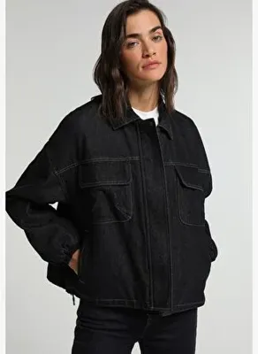 Colins Oversize Fit Fermuarlı Astarlı  Kadın Dark İndigo Denim Ceket