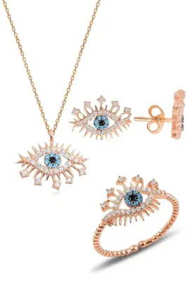 Söğütlü Silver Gümüş Rodyumlu Zirkon Taşlı Lareyn Kolye Küpe Ve Yüzük Gümüş Set Sgtl10596rose