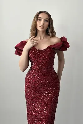 Elbee Fashion Woman Bordo Pulpayetli Kolsuz Elbise