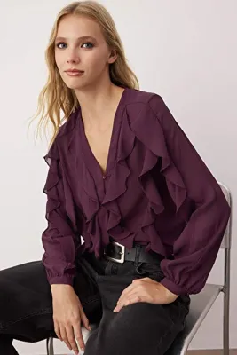 TRENDYOLMİLLA Bordo Volanlı Boho Yarı Transparan Gömlek TWOAW26GO00045