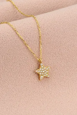 Bilsen Store 925 Ayar Gümüş Zincirli Altın Kaplama Beyaz Taşlı  Yıldız Kolye