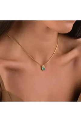 HOBİSY GIFT SHOP Şans Yoncası Figürlü Kadın Kolye , Zirkon Taş Detaylı, Kararmaz Şık Takı - Altın Kaplama Yeşil Yonca