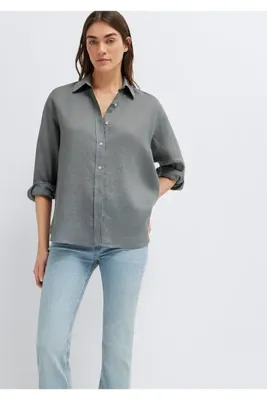 Mavi Yeşil Keten Gömlek Loose Fit / Bol Rahat Kesim 1210747-70132