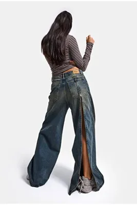 it's basic Kadın Koyu Kot 4w6-8 Mega Baggy Arkadan Fermuar Detaylı Özel Tasarım Denim Jean