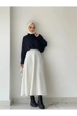 Newness Fashion Forwoard Kadın Puf Scuba Tesettür Beyaz Kloş Etek