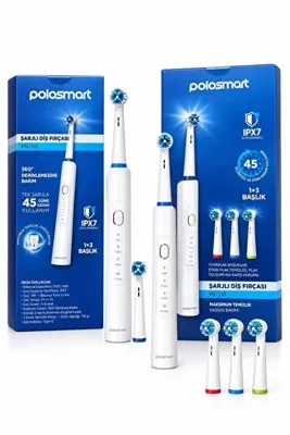 polosmart PSC110 Şarjlı Diş Fırçası 1+3 Başlıklı IPX7 Suya Dayanıklı 5 Modlu Type-C Şarjlı Elektrikli Diş Fırçası beyaz
