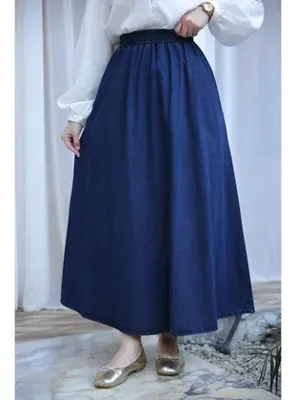 İmaj Butik Koyu Mavi Bel Lastikli Cepli Kot Etek