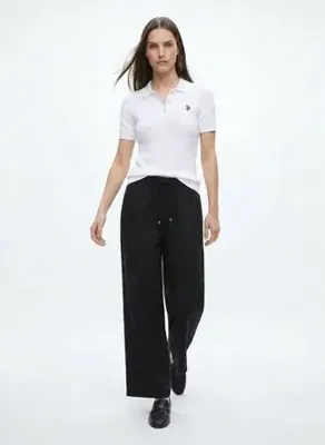 U.S. Polo Assn. Siyah Kadın %100 Keten Loose Fit Pantolon PR-ZOLENA