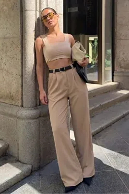 Madmext Bej Çift Pileli Kemerli Pantolon Mg2330