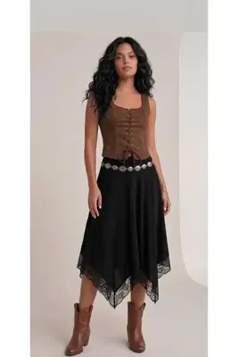 Mefa basic Kadın Asimetrik Midi Boy Etek Dantelli Beli Lastikli Etek