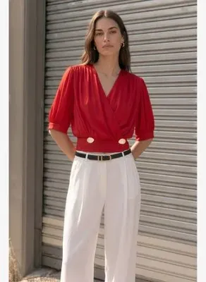 Sateen Kısa Kollu Saten Bluz - Kırmızı