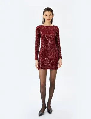 Koton Yuvarlak Yaka Uzun Kollu Slim Fit Mini Pullu Payetli Kalem Elbise