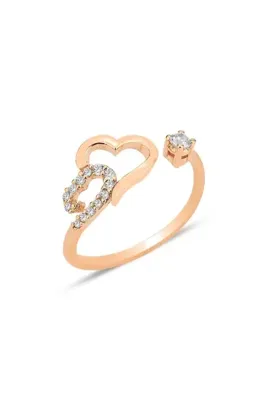Söğütlü Silver Gümüş rose zirkon taşlı üstten ayarlanabilir çift kalpler yüzük SGTL12243ROSE