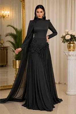Lin Fashion Tesettür Abiye Elbise Çiçek İşlemeli Uzun Kollu Zarif Tasarım