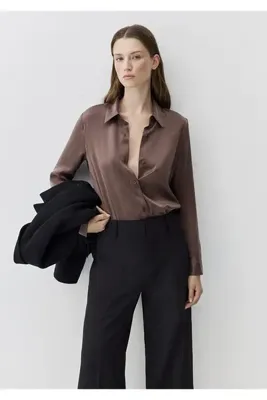 Mavi Kahverengi %100 İpek Gömlek Slim Fit / Dar Kesim 1211269-87537