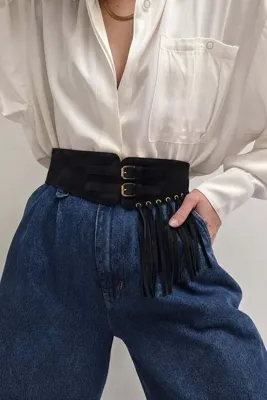 Fulla Moda Püsküllü Çift Tokalı Süet Korse Kemer