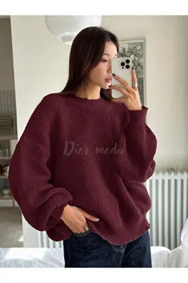 Dier Moda Kadın Bordo Oversize Triko Kazak