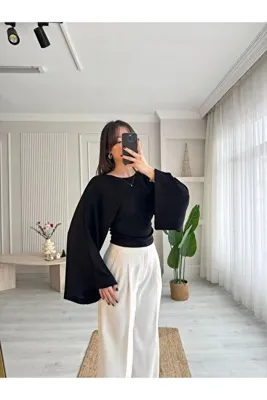 vipelmoda Bisiklet Yaka Belden Oturtmalı Geniş Kollu Bluz