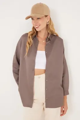 Tudors Kadın Oversize Rahat Kesim Spor Yaka Uzun Kollu Basic Düz Vizon Gömlek