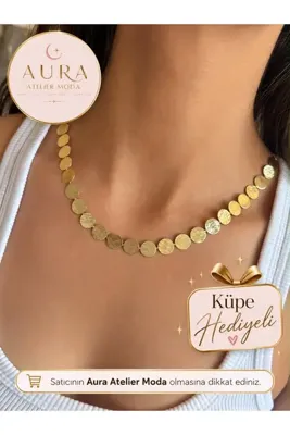 AURA ATELİER MODA Hasır Dokulu Yuvarlak Pul Plakalı Choker 14 K Altın Kaplama Çelik Kolye
