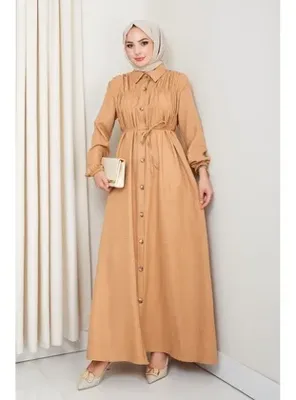 Harmatime butik Kadın Büzgü Detaylı Kuşaklı Düğmeli Hardal Elbise