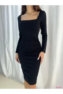 Modafeminen SİYAH Esnek Kumaş Kare Yaka Uzun Kollu Elbise 581864