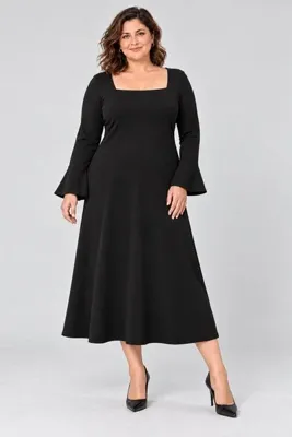 Curvy Trend Büyük Beden Kare Yaka Volan Kol Viskon Elbise