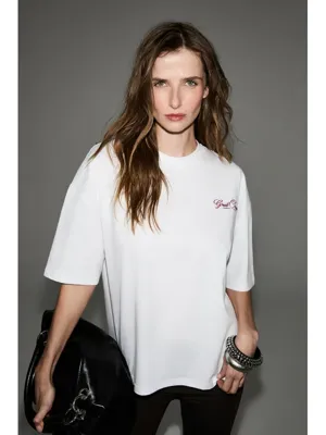 Grimelange GERANIUM Kadın Yuvarlak Yakalı Organik Pamuklu Baskı Detaylı BEYAZ T-Shirt