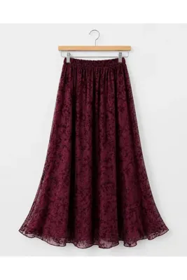 Hepsi Moda Flok Baskılı Tül Etek - Mürdüm