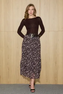 Fulla Moda Kemerli Çiçek Desenli Maxi Boy Şifon Etek