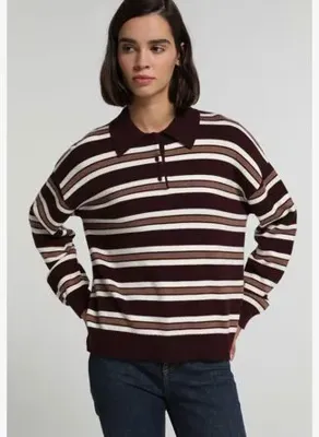 Colins Regular Fit Polo Yaka Çizgili Kadın Çok Renkli Kazak