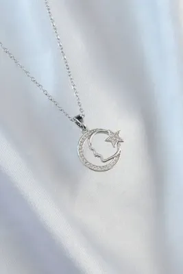 JEWELRY ELKA 316L Çelik Zincir Zirkon Taşlı Ay Yıldız Simgeli Atatürk Kolye