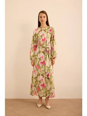 AKER Pembe Batik Desenli Elbise
