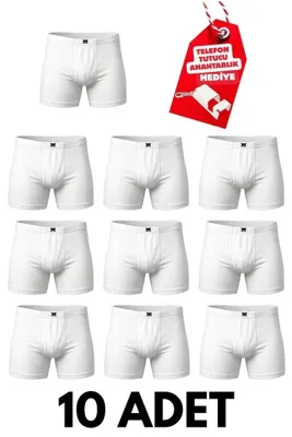 Tutku 10 Adet Beyaz %100 Pamuklu Rahat Kalıp Penye Erkek Paçalı Külot Boxer Mega Set + Telefon Tutucu Anahtarlık Hediyeli