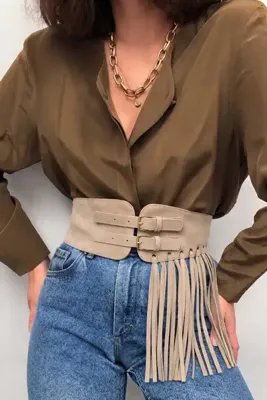 Fulla Moda Püsküllü Çift Tokalı Süet Korse Kemer