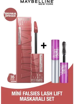 Maybelline New York Vinyl Ink Peachy  + Mini Falsies Lash Lift Maskaralı Set