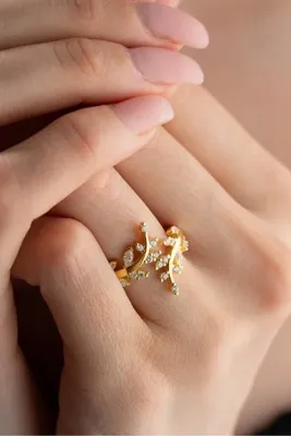 Nereze 925 Ayar Ayarlanabilir Zirkon Taşlı Gold Zeytin Dalı Gümüş Yüzük
