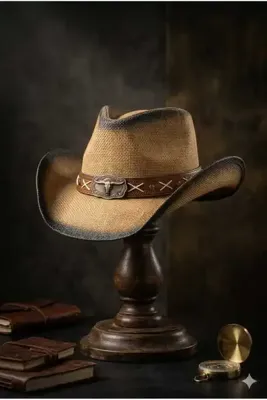 WOHOME Premium Hasır Kovboy Şapkası - Eskitme Detaylı Western Şapka - Armalı Kovboy Şapkası