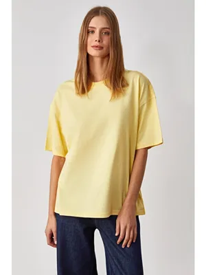 Grimelange LAGERTHA Kadın %100 organik Pamuklu Kalın Dokulu Oversize Fit Yuvarlak Yakalı SARI T-Shirt
