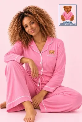 ELİTOL Kadın Uzun Kol Pamuklu Ayı Nakışlı Cepli Pembe Premium Düğmeli Pijama Takım