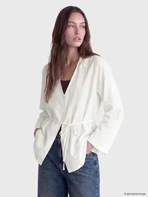 LCW Modest V Yaka Bağlamalı Keten Karışımlı Bluz