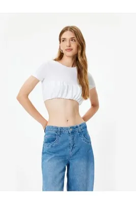 Koton Crop Tişört Balon Form Skinny Kısa Kollu Yuvarlak Yaka Pamuklu