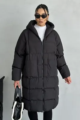 moda armanc Kadın Kapüşonlu Siyah Şişme Uzun Mont - Oversize