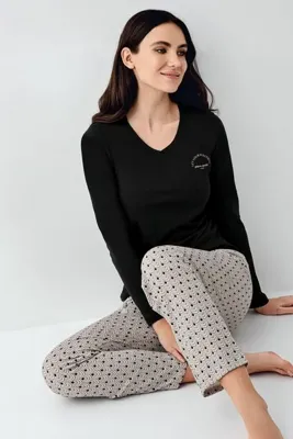 Pierre Cardin Kadın %50 pamuk %50 modal Siyah V Yaka Uzunkol Pijama Takım